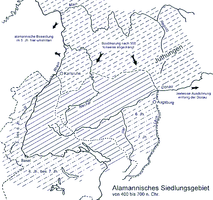 durchgehende Linien: im 3. und 4. Jahrhundert besiedelt