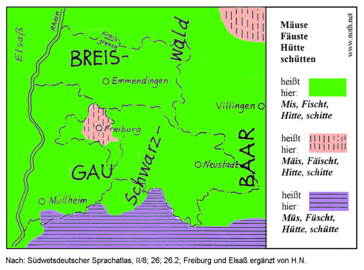 Karte: Lautgeografie von Muse, Fuste, Htte, schtten im Breisgau 